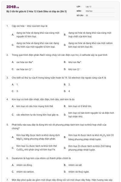 Bộ 3 đề thi giữa kì 2 Hóa 12 Cánh Diều có đáp án (Đề 3)