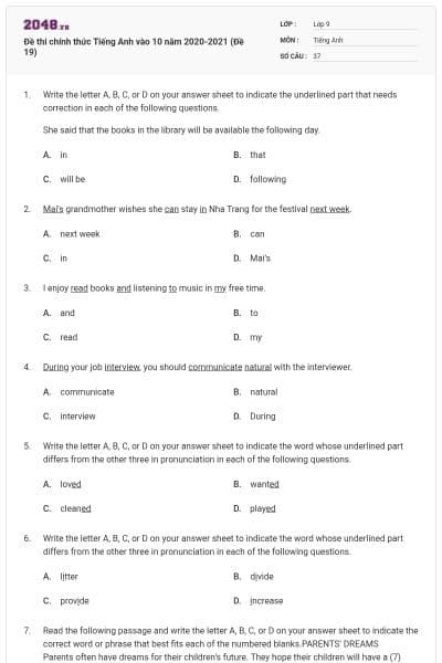 Đề thi chính thức Tiếng Anh vào 10 năm 2020-2021 (Đề 19)