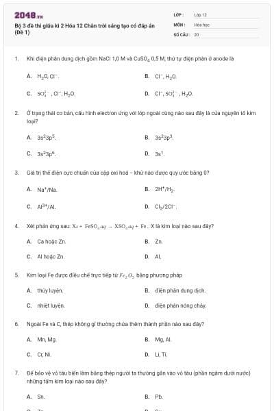 Bộ 3 đề thi giữa kì 2 Hóa 12 Chân trời sáng tạo có đáp án (Đề 1)