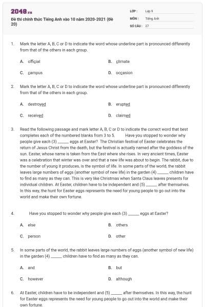 Đề thi chính thức Tiếng Anh vào 10 năm 2020-2021 (Đề 20)