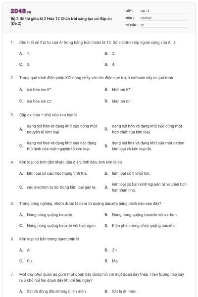 Bộ 3 đề thi giữa kì 2 Hóa 12 Chân trời sáng tạo có đáp án (Đề 2)