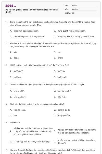 Bộ 3 đề thi giữa kì 2 Hóa 12 Chân trời sáng tạo có đáp án (Đề 3)