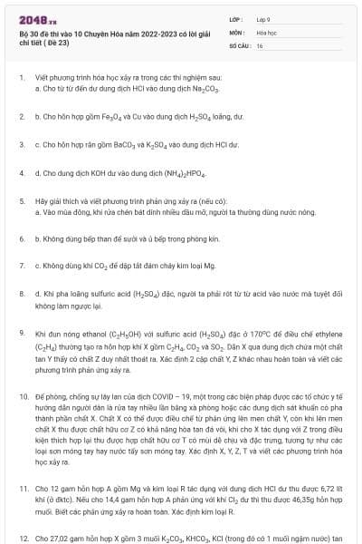 Bộ 30 đề thi vào 10 Chuyên Hóa năm 2022-2023 có lời giải chi tiết ( Đề 23)