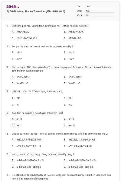 Bộ 30 đề thi vào 10 môn Toán có lời giải chi tiết (Đề 6)