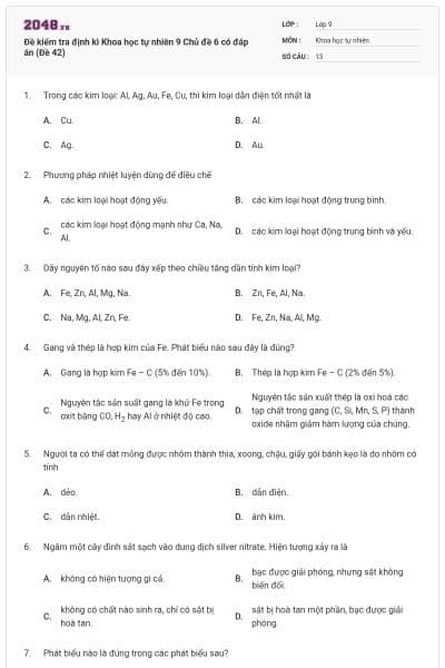 Đề kiểm tra định kì Khoa học tự nhiên 9 Chủ đề 6 có đáp án (Đề 42)