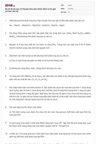 Bộ 30 đề thi vào 10 Chuyên Hóa năm 2022-2023 có lời giải chi tiết ( Đề 24)