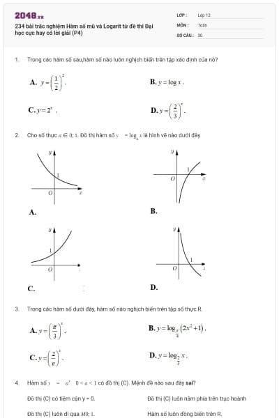234 bài trắc nghiệm Hàm số mũ và Logarit từ đề thi Đại học cực hay có lời giải (P4)