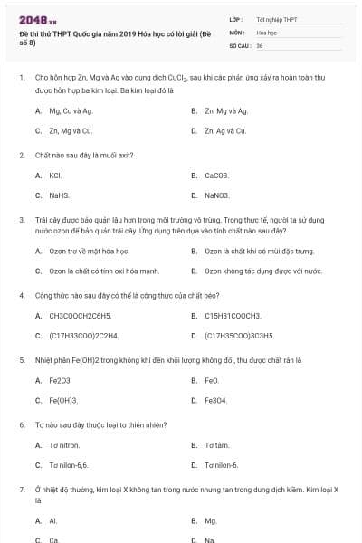 Đề thi thử THPT Quốc gia năm 2019 Hóa học có lời giải (Đề số 8)