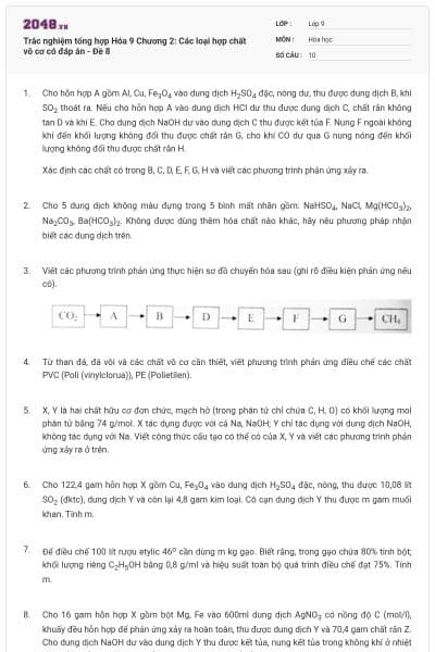Trắc nghiệm tổng hợp Hóa 9 Chương 2: Các loại hợp chất vô cơ có đáp án - Đề 8