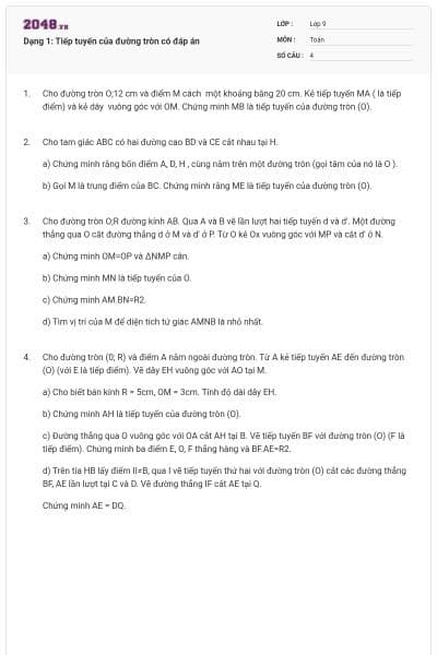 Dạng 1: Tiếp tuyến của đường tròn có đáp án