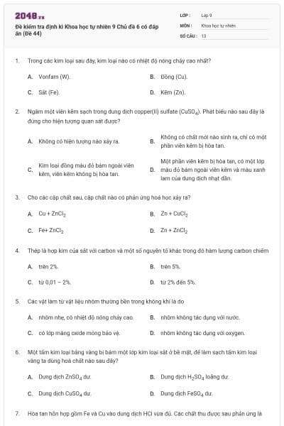 Đề kiểm tra định kì Khoa học tự nhiên 9 Chủ đề 6 có đáp án (Đề 44)