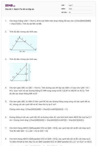 Chủ đề 1: Định lí Ta-lét có đáp án