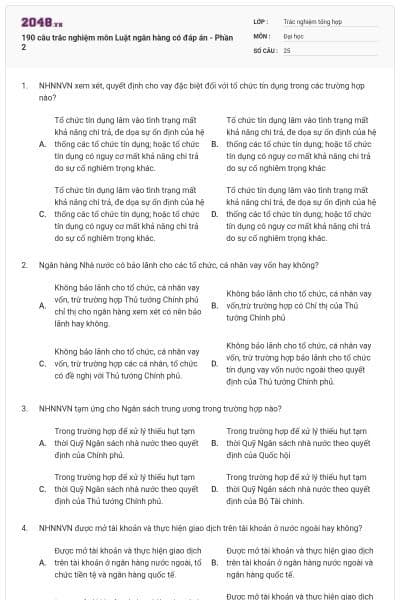 190 câu trắc nghiệm môn Luật ngân hàng có đáp án - Phần 2