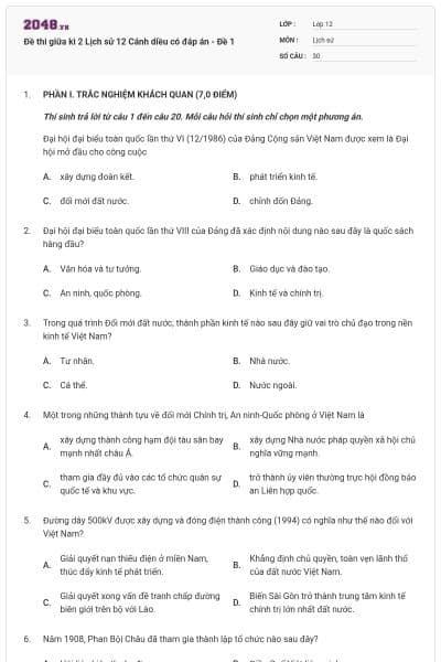 Đề thi giữa kì 2 Lịch sử 12 Cánh diều có đáp án - Đề 1