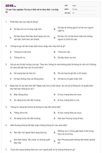 15 câu Trắc nghiệm Tin học 6 Kết nối tri thức Bài 1 có đáp án