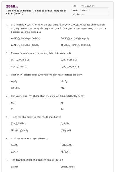 Tổng hợp đề thi thử Hóa Học mức độ cơ bản - nâng cao có đáp án (Đề số 1)