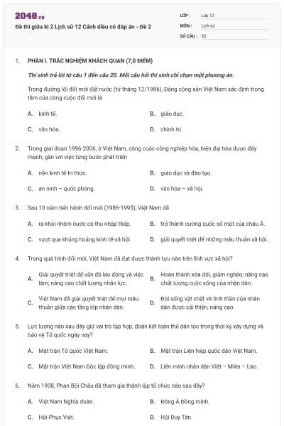 Đề thi giữa kì 2 Lịch sử 12 Cánh diều có đáp án - Đề 2
