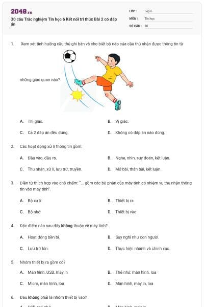 30 câu Trắc nghiệm Tin học 6 Kết nối tri thức Bài 2 có đáp án