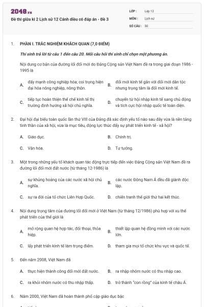 Đề thi giữa kì 2 Lịch sử 12 Cánh diều có đáp án - Đề 3