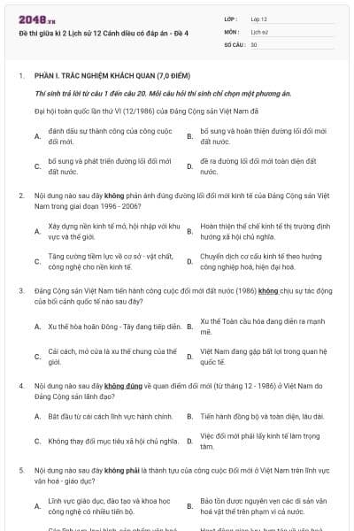 Đề thi giữa kì 2 Lịch sử 12 Cánh diều có đáp án - Đề 4