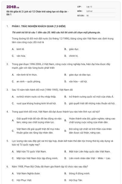 Đề thi giữa kì 2 Lịch sử 12 Chân trời sáng tạo có đáp án - Đề 1