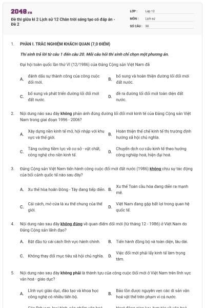 Đề thi giữa kì 2 Lịch sử 12 Chân trời sáng tạo có đáp án - Đề 2