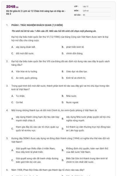 Đề thi giữa kì 2 Lịch sử 12 Chân trời sáng tạo có đáp án - Đề 3