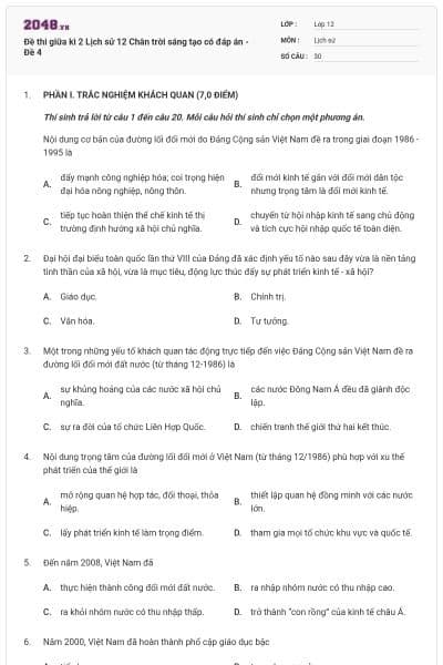 Đề thi giữa kì 2 Lịch sử 12 Chân trời sáng tạo có đáp án - Đề 4