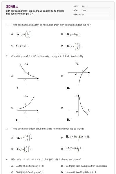234 bài trắc nghiệm Hàm số mũ và Logarit từ đề thi Đại học cực hay có lời giải (P4)