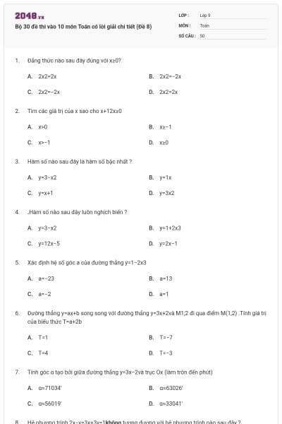 Bộ 30 đề thi vào 10 môn Toán có lời giải chi tiết (Đề 8)
