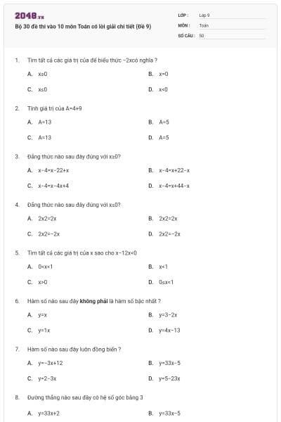 Bộ 30 đề thi vào 10 môn Toán có lời giải chi tiết (Đề 9)