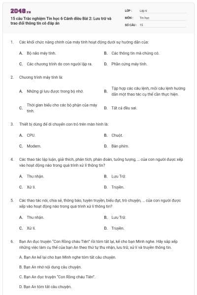 15 câu Trắc nghiệm Tin học 6 Cánh diều Bài 2: Lưu trữ và trao đổi thông tin có đáp án