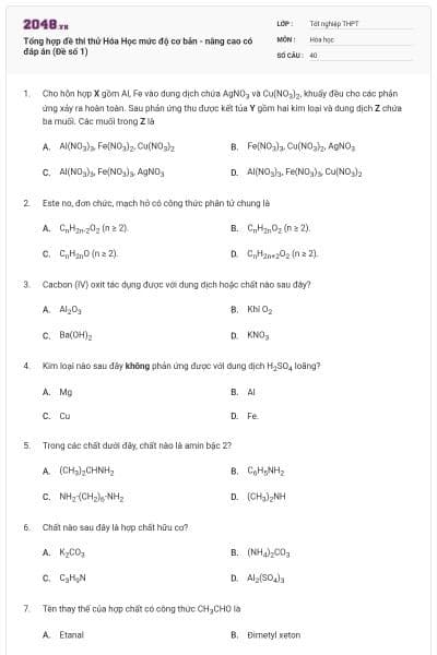 Tổng hợp đề thi thử Hóa Học mức độ cơ bản - nâng cao có đáp án (Đề số 1)