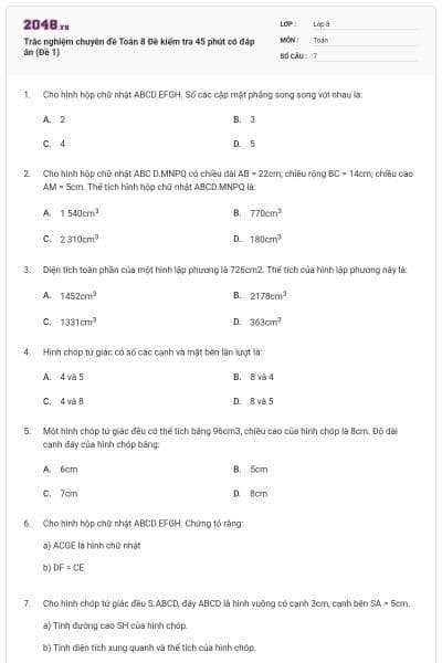 Trắc nghiệm chuyên đề Toán 8 Đề kiểm tra 45 phút có đáp án (Đề 1)