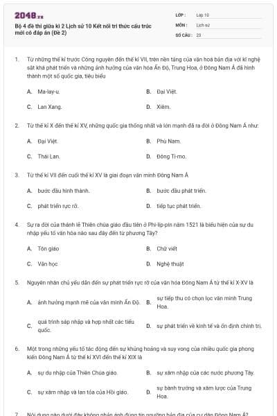 Bộ 4 đề thi giữa kì 2 Lịch sử 10 Kết nối tri thức cấu trúc mới có đáp án (Đề 2)