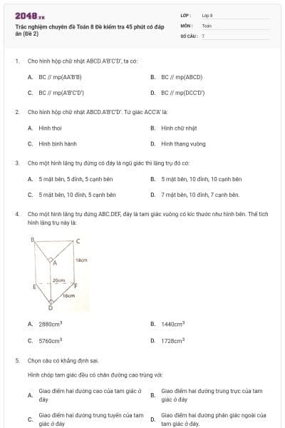Trắc nghiệm chuyên đề Toán 8 Đề kiểm tra 45 phút có đáp án (Đề 2)