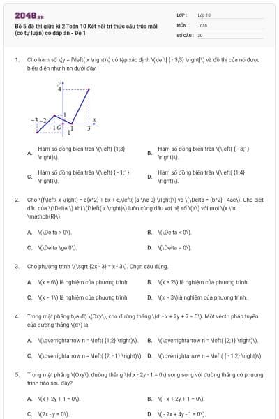 Bộ 5 đề thi giữa kì 2 Toán 10 Kết nối tri thức cấu trúc mới (có tự luận) có đáp án - Đề 1