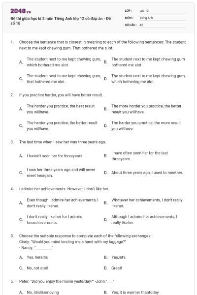 Đề thi giữa học kì 2 môn Tiếng Anh lớp 12 có đáp án - Đề số 18