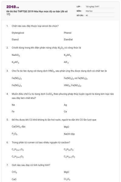 Đề thi thử THPTQG 2019 Hóa Học mức độ cơ bản (đề số 17)