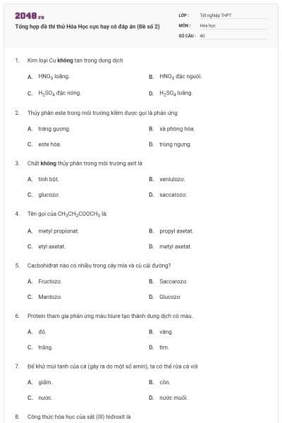 Tổng hợp đề thi thử Hóa Học cực hay có đáp án (Đề số 2)