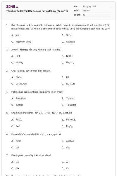 Tổng hợp đề thi Thử Hóa học cực hay có lời giải (Đề số 11)