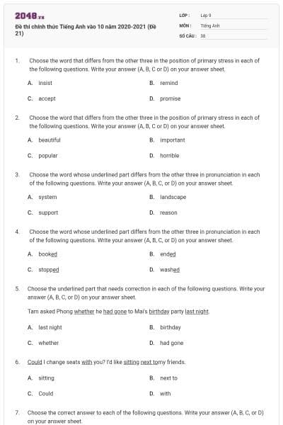 Đề thi chính thức Tiếng Anh vào 10 năm 2020-2021 (Đề 21)