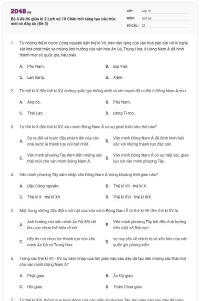 Bộ 4 đề thi giữa kì 2 Lịch sử 10 Chân trời sáng tạo cấu trúc mới có đáp án (Đề 3)