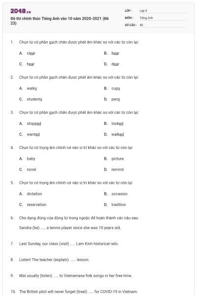 Đề thi chính thức Tiếng Anh vào 10 năm 2020-2021 (Đề 23)