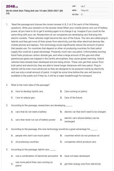 Đề thi chính thức Tiếng Anh vào 10 năm 2020-2021 (Đề 24)