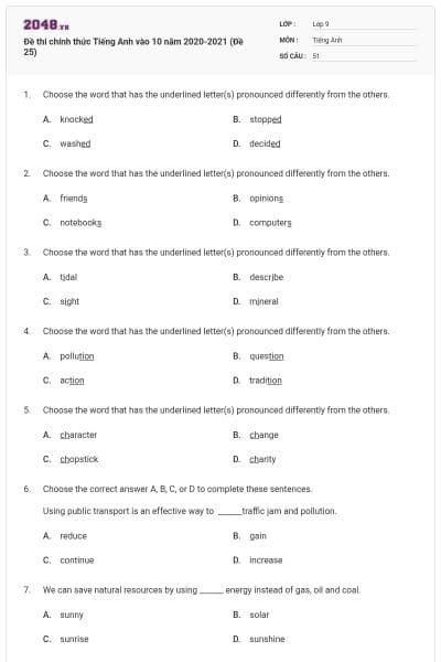 Đề thi chính thức Tiếng Anh vào 10 năm 2020-2021 (Đề 25)