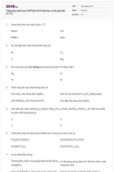 Tổng hợp minh họa THPTQG 2019 Hóa Học có lời giải (Đề số 17)