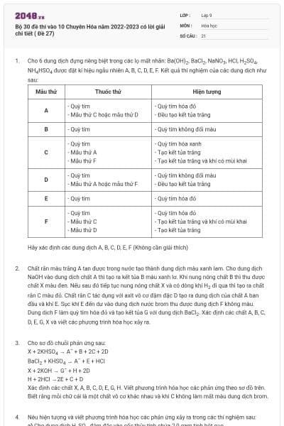 Bộ 30 đề thi vào 10 Chuyên Hóa năm 2022-2023 có lời giải chi tiết ( Đề 27)