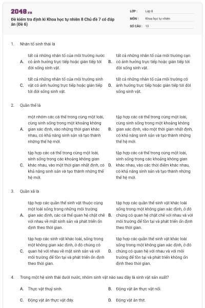 Đề kiểm tra định kì Khoa học tự nhiên 8 Chủ đề 7 có đáp án (Đề 6)