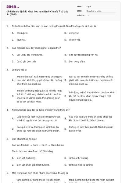 Đề kiểm tra định kì Khoa học tự nhiên 8 Chủ đề 7 có đáp án (Đề 8)